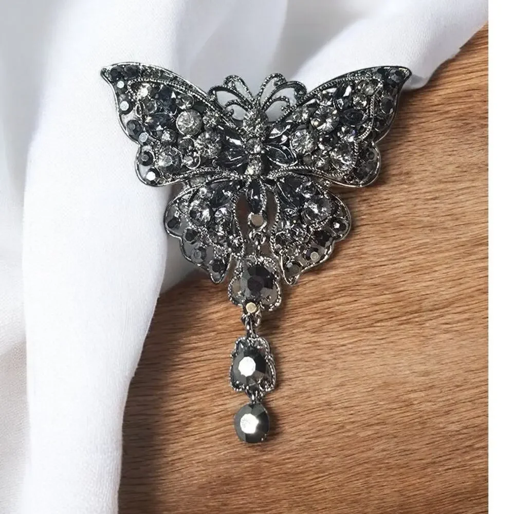 Smokey Crystal Butterfly Brooch Antique Tone Art Deco Style Dangle – Dark Glam